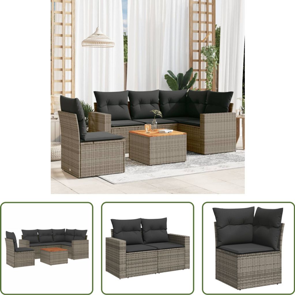 The Living Store 6-tlg. Garten-Sofagarnitur mit Kissen Grau Poly Rattan