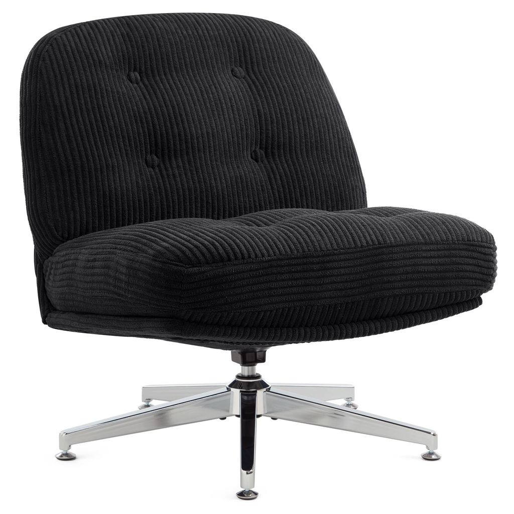 A black upholstered armchair with a swivel base on a white background.
