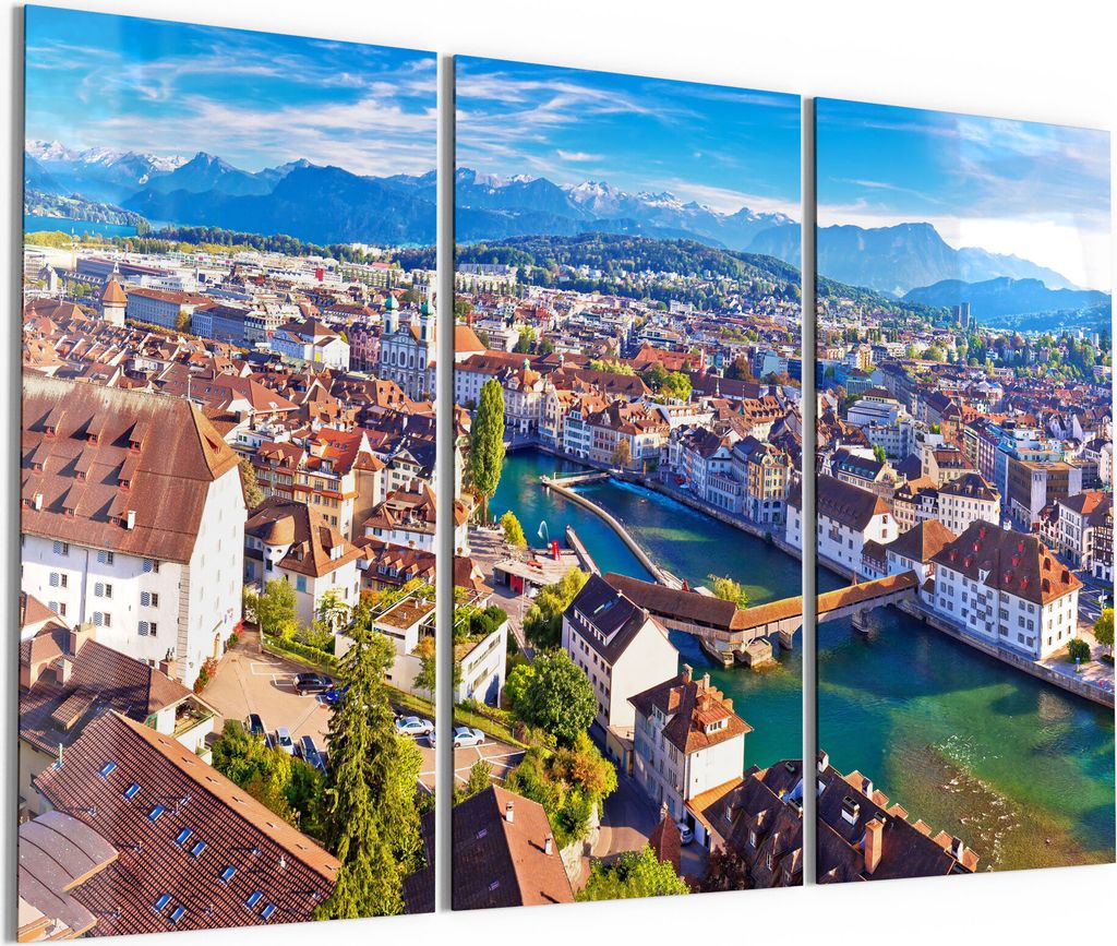 DEQORI Glasbild Echtglas 3x50x100 cm 'Blick über Luzern' Wandbilder XXL groß