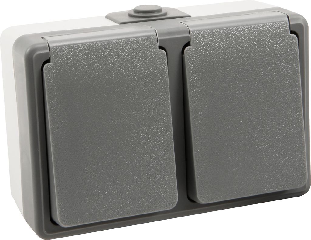 Feuchtraum Doppel-Steckdose McPower "Secure", 250V/16A, IP44, AP, grau