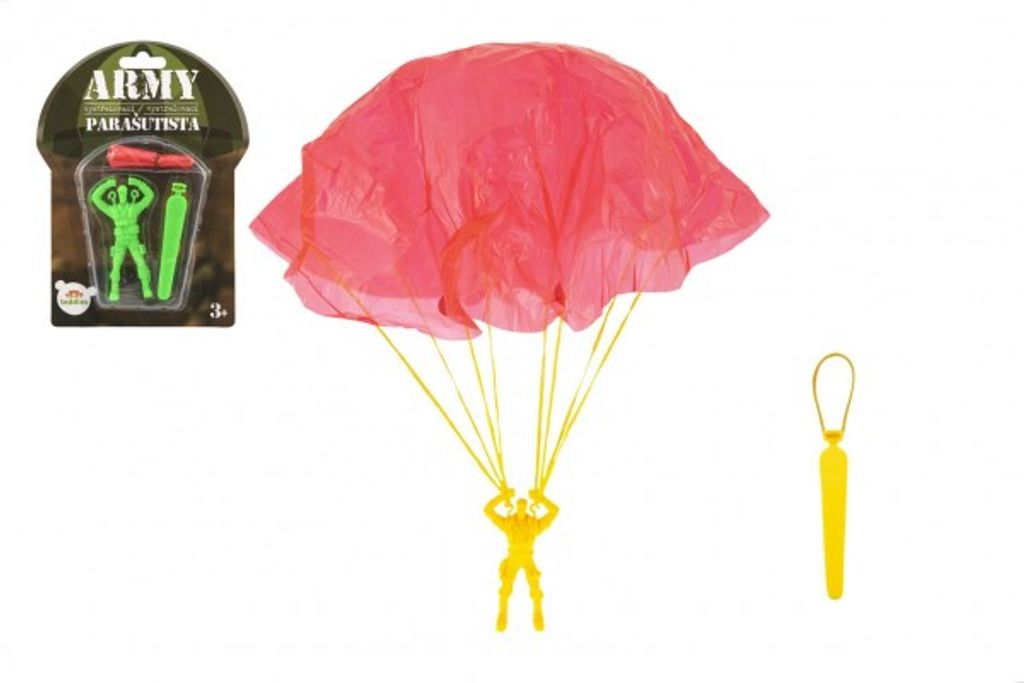 A toy parachute with a figure, shown with its packaging and an accessory.