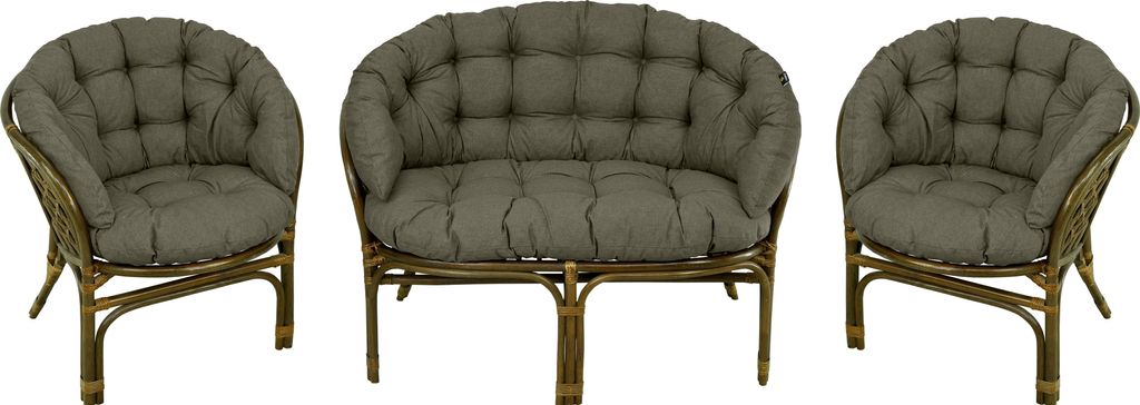 A set of three rattan furniture pieces with cushions, including a loveseat and two armchairs, displayed against a white background.