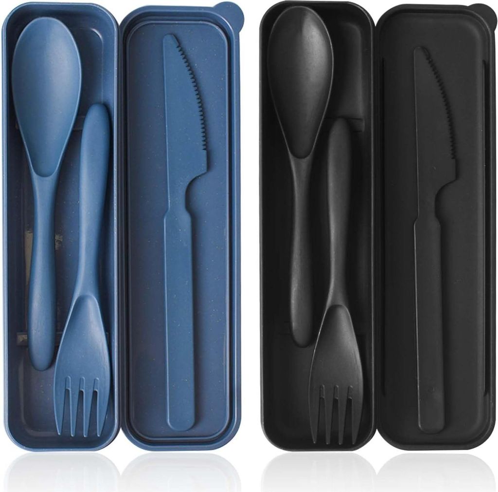 2-teiliges Reisebesteckset mit Etui - wiederverwendbares Plastikbesteck - Löffel, Messer und Gabelset - tragbar für unterwegs, Camping und Picknick