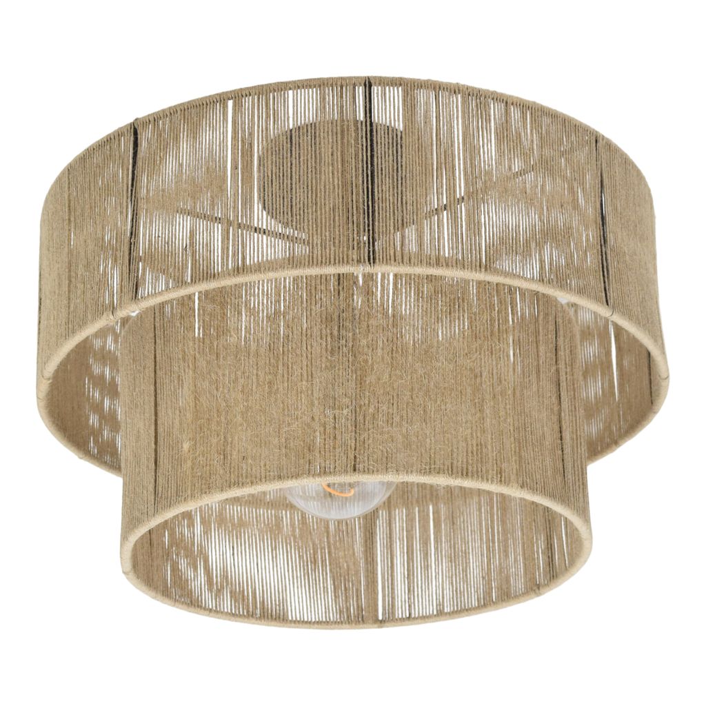 A two-tiered ceiling light fixture made of woven jute material.