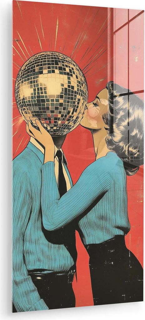 MuchoWow Glasbilder - Bilder auf Wandbild - Foto auf Glas Frau - Retro - Discokugel - Kuss 60x120 cm Wanddekoration aus Glas - Acrylglasbild - Acry...