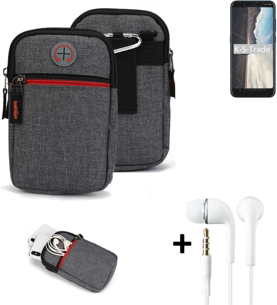 K-S-Trade Gürteltaasche + Kopfhörer kompatibel mit Nokia C2 Tava Handy Tasche Holster Schutz Hülle Handy Hülle grau Zusatzfächer 1x
