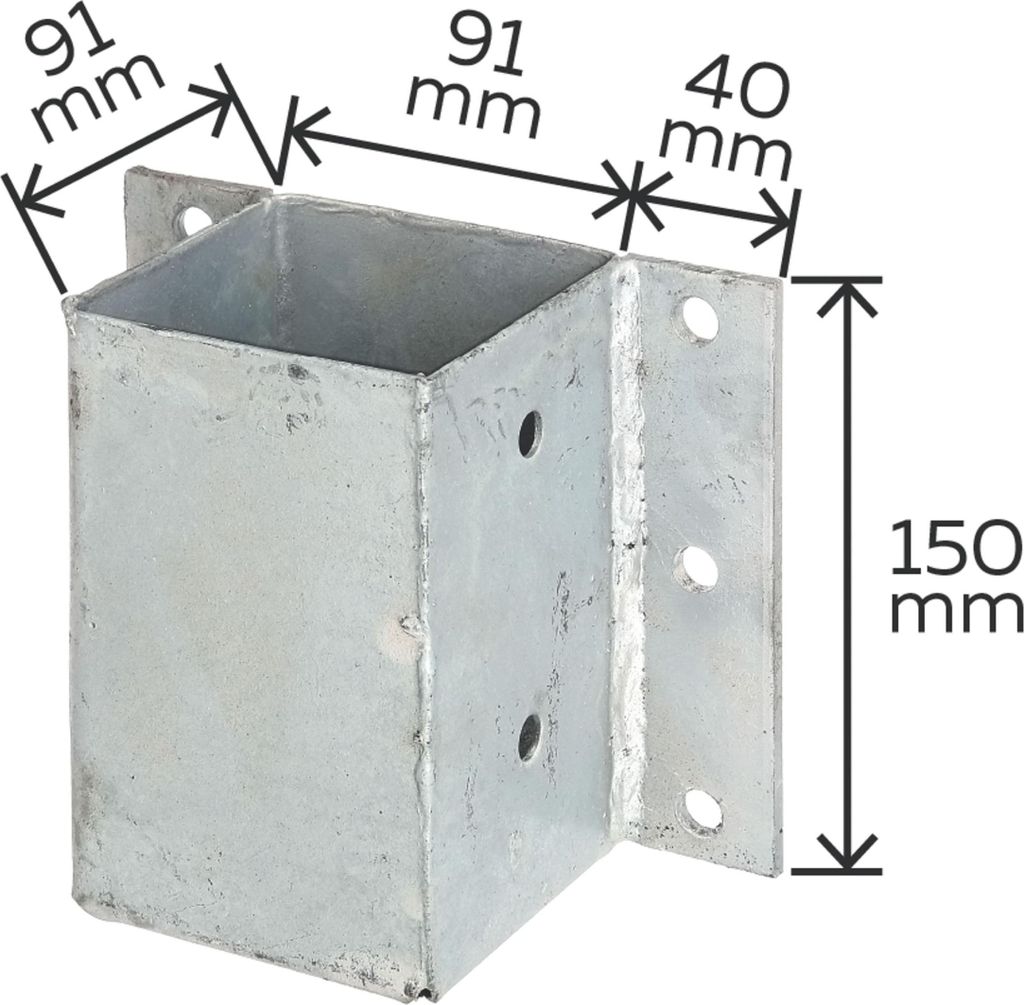 A galvanized metal post anchor with dimensions indicated by text and lines.