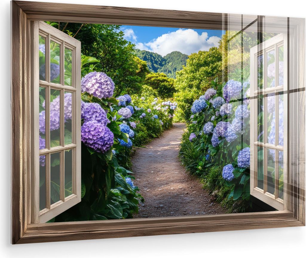 MuchoWow Glasbilder - Bilder auf Wandbild - Foto auf Glas Durchblick - Hortensie - Weg - Natur 90x60 cm Wanddekoration aus Glas - Acrylglasbild - A...