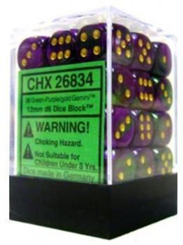 Chessex Gemini 12mm d6 Dice Blocks with pips Dice Blocks (36 Dice) - Green-Purple w/gold