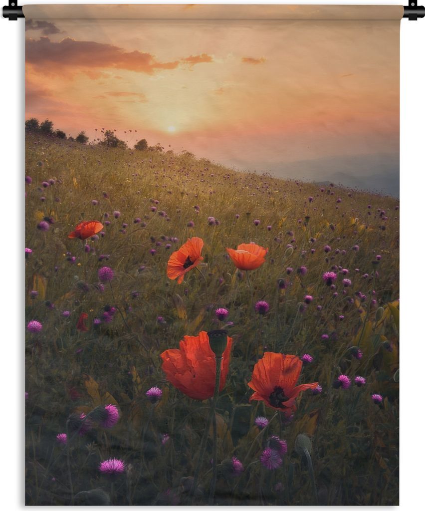 MuchoWow Wandteppich Wandbehang Blumenfeld - Gras - Pflanzen - Sonnenuntergang - Orange 120x160 cm Tapisserie Dekoration Wandtuch - Wohnzimmer - ...