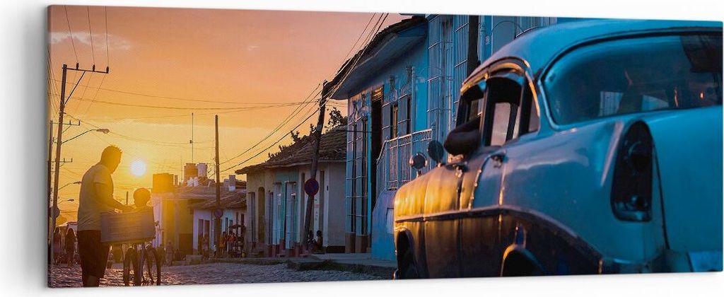 Bild auf Leinwand - Leinwandbild - Straße Auto Haus - 140x50cm - Wand Bild - Wanddeko - Wandbilder - Leinwanddruck - Bilder - Kunstdruck - Wanddek...