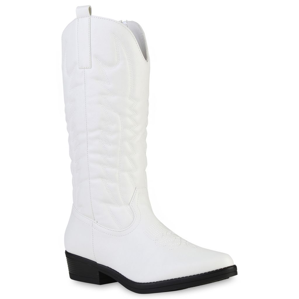 VAN HILL Damen Leicht Gefütterte Cowboystiefel Stiefel Stickereien Schuhe 839106, Farbe: Weiß, Größe: 37