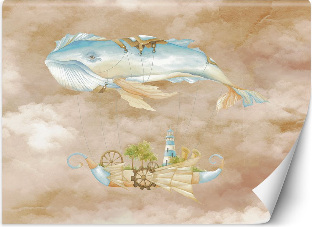 Vlies fototapete für Kinderzimmer Fliegender Wal und Schiff 350x245 cm Feeby Beige inkl. Kleber einfache Montage