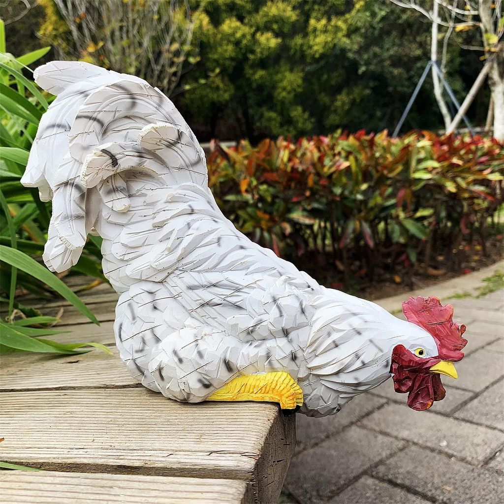 Gartenfigur eines Hahns, Kunstdekoration mit einem Hahn, Hahnenfigur für den Garten, Hühnerskulptur als Ornament - HSC2 (Weiß)