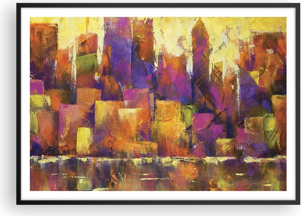 Gerahmtes Poster - Schwarzer Rahmen - Abstraktion Stadt Wolkenkratzer - 100x70 cm - Wand Bild - Wanddeko - Wandbilder - Wandposter - Bilderrahmen -...
