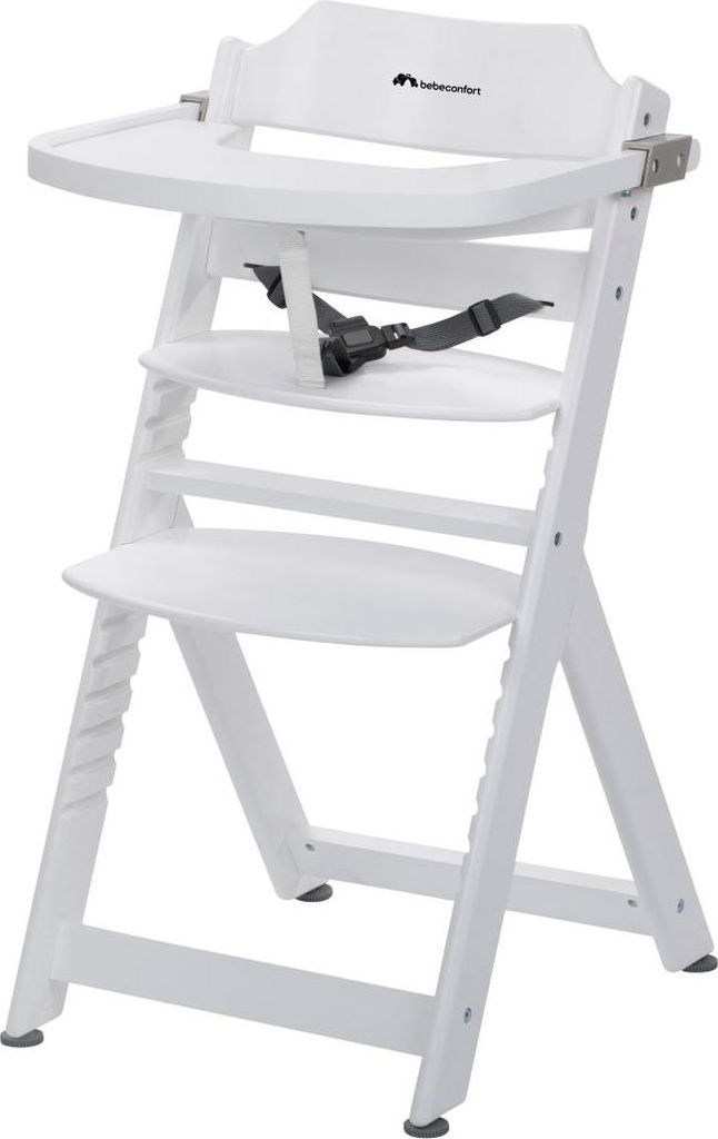 A white wooden high chair is shown against a white background.
