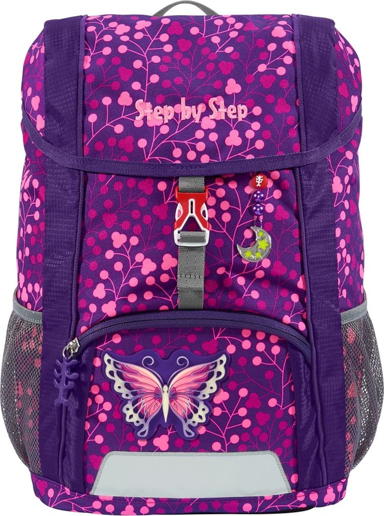 A purple backpack with a floral pattern and a butterfly graphic.