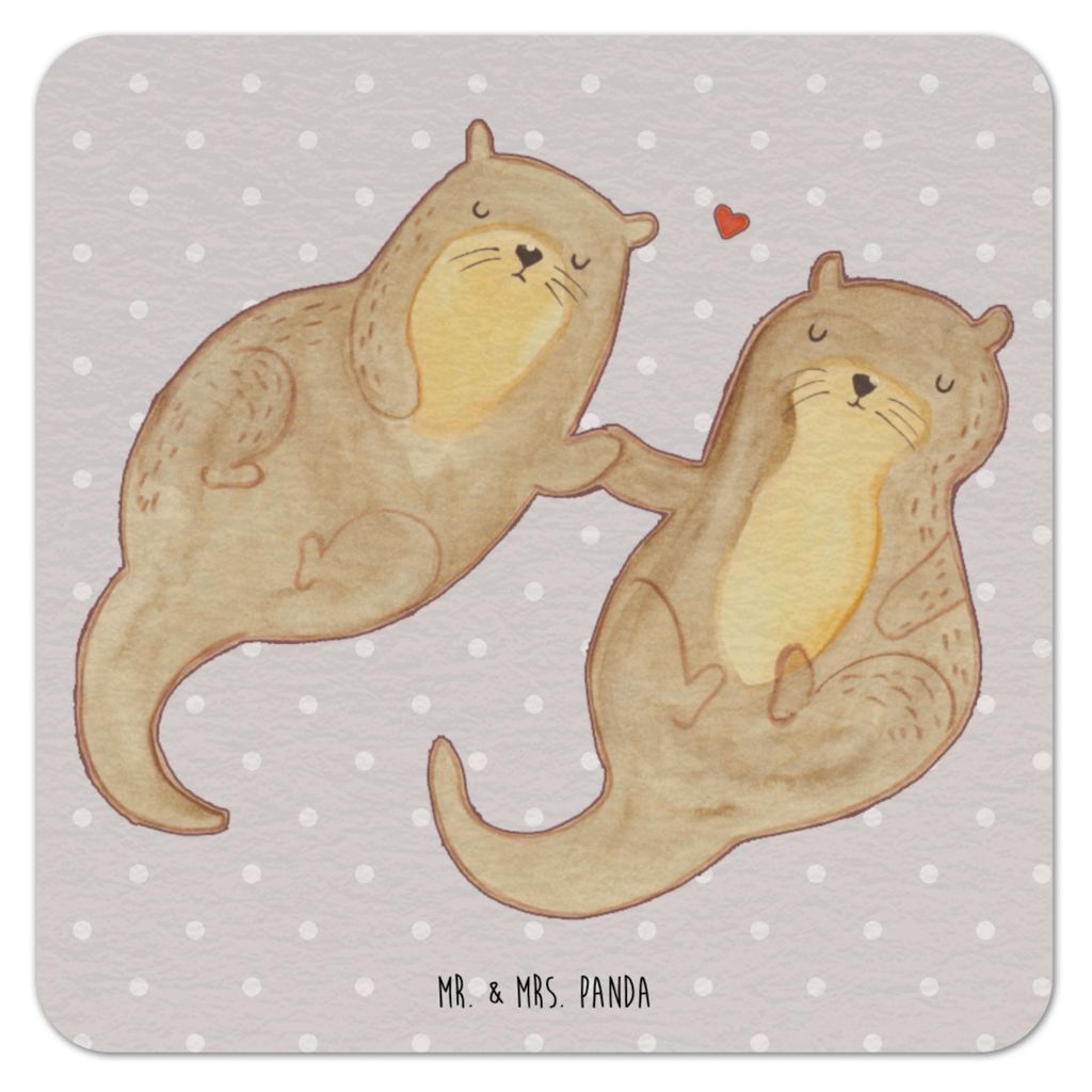 Mr. & Mrs. Panda Tischuntersetzer Otter Hände halten 50er Set - Grau Pastell - Geschenk, Flaschenuntersetzer, Bierdeckel, glücklich, Liebe, Paar,...