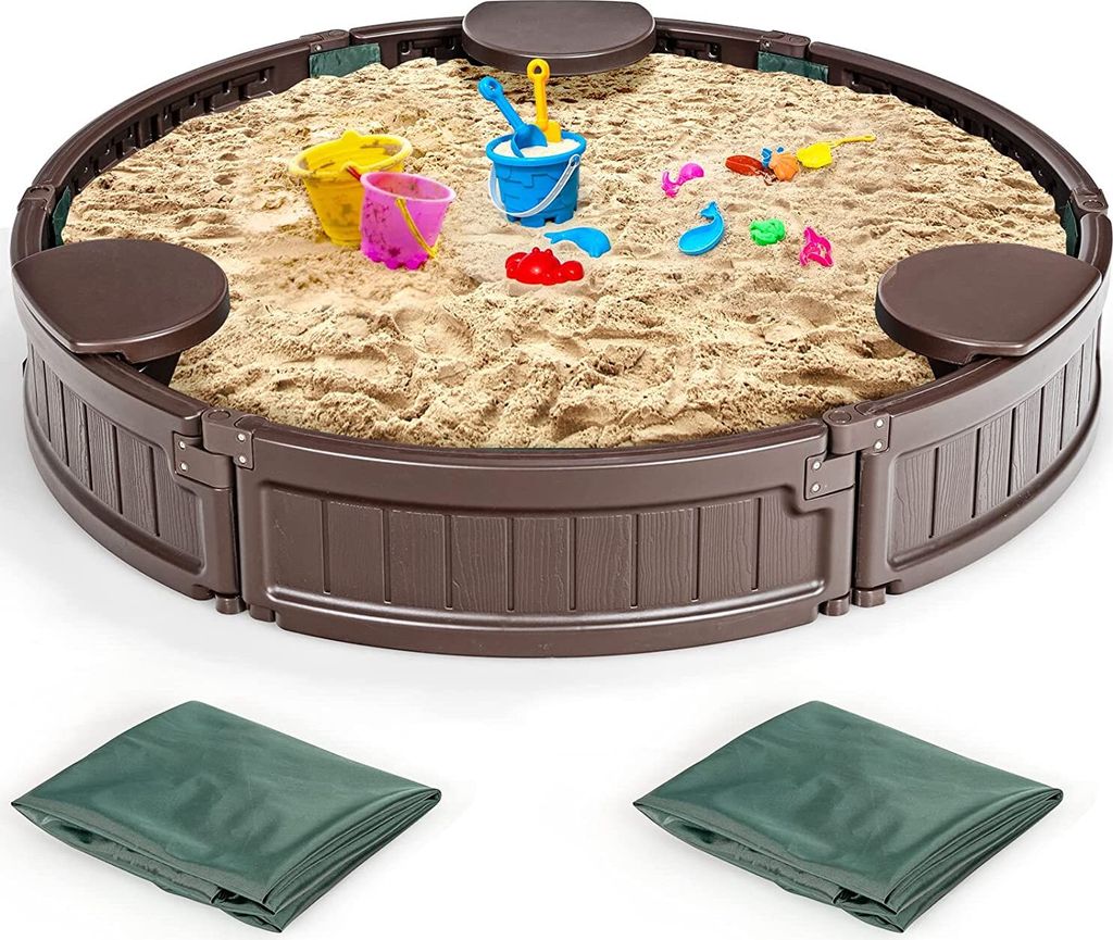 Sandkasten mit Abdeckung und Bodenplane, Sandbox mit Sitzecken, Sandkiste für Kinder für Garten Outdoor (Rund)