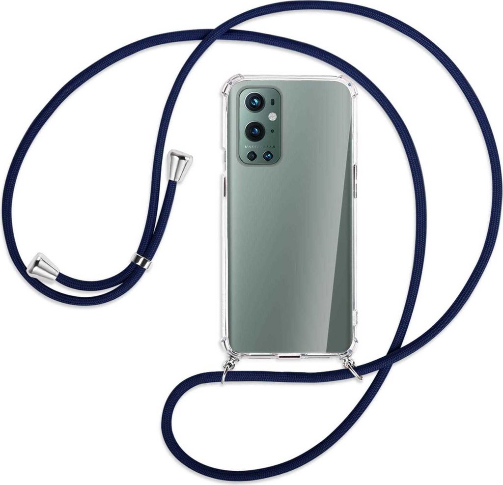 Handykette Backcover-Schutzhülle mit Band (Metall silberfarben) für OnePlus 9 Pro - dunkelblau