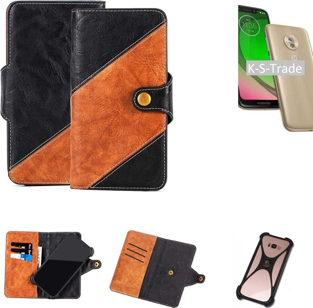 K-S-Trade Handyhülle Schutzhülle Bookstyle Case Wallet-Case kompatibel mit Motorola Moto G7 Play Handy Cover Bumper Klapphülle schwarz hellbraun 1x