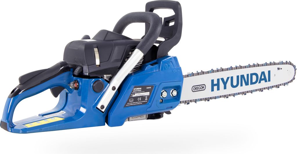 A blue and black chainsaw with a silver chain and bar is shown against a white background.