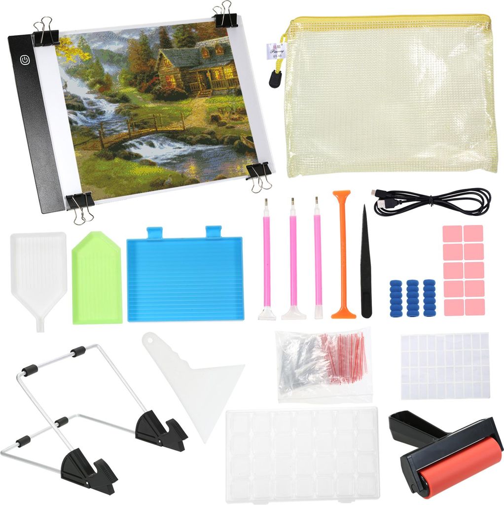 133-teiliges DIY-Diamant-Malset mit Werkzeugen und Zubehör, inklusive A4-Leuchttisch, Diamantstift-Tablett in verschiedenen Größen, Befestigungs...