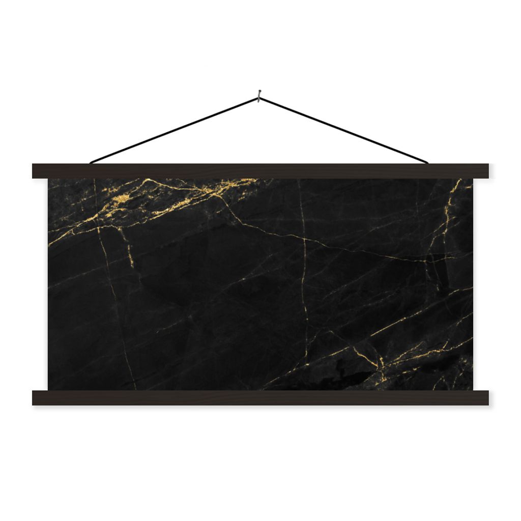 MuchoWow Textilposter Marmor - Schwarz - Gold - Chic - Marmoroptik - Design 90x45 cm mit schwarzem Rahmen - Klemmleisten