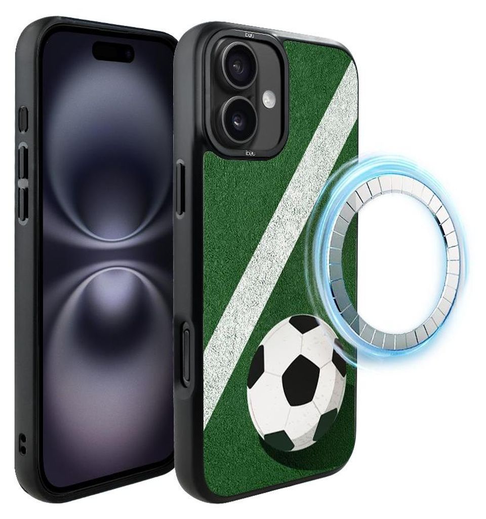 Schutzhülle für das iPhone 16 Plus, MagSafe-kompatibel, mattschwarze Seiten, Fußball, Spielfeld