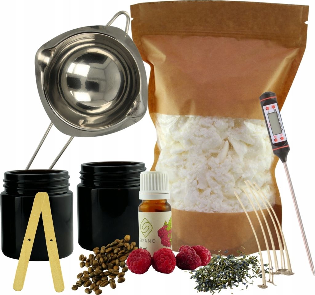 Sisano - Kerzen Selber Machen Set DIY - Kerzenwachs 250 g mit 2 x Gläser - 1 x Duftöl - 4 x Kerzendochte aus Baumwolle mit Dochthalter - Schmelztopf - Zubehör für Deko - Kerzen Gießen Set