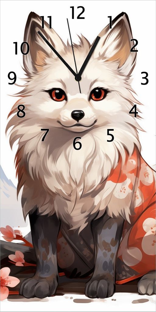 Wallario Design Wanduhr Fuchs mit Kirschblüten aus Echtglas, Größe 30 x 60 cm