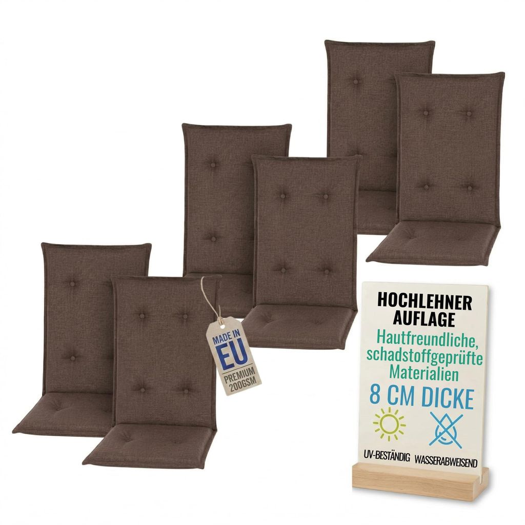 Pillows24 - 6x Hochlehner Auflagen 120x50x8 cm | Gesteppte Wetterfeste Gartenstuhlauflagen | Polster Sitzkissen für Gartenmöbel | EU | Braun