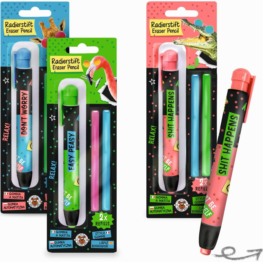 Trendhaus AFDS NE Radierstift mit Refills 3-teilig, 3-fach sortiert Dieses Radierstift-Set inkl. 2 Neon-Ersatzradierern ist ideal