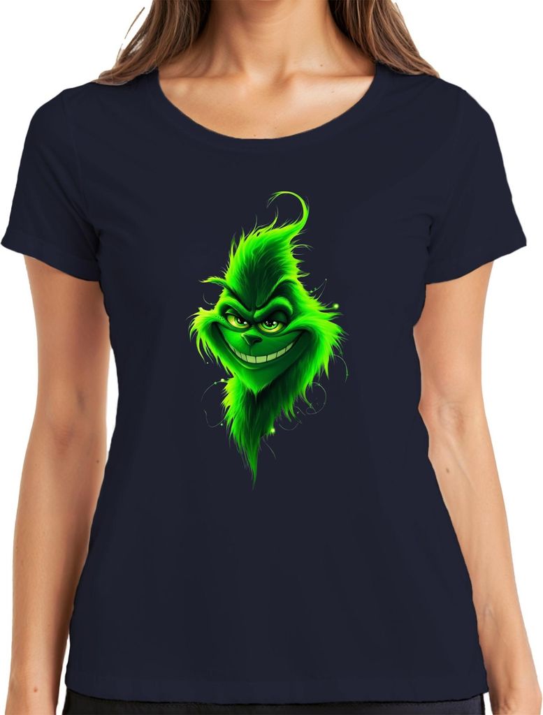 Grinch grinsendes Gesicht Weihnachten grün frech düster Damen T-Shirt, Navy, L