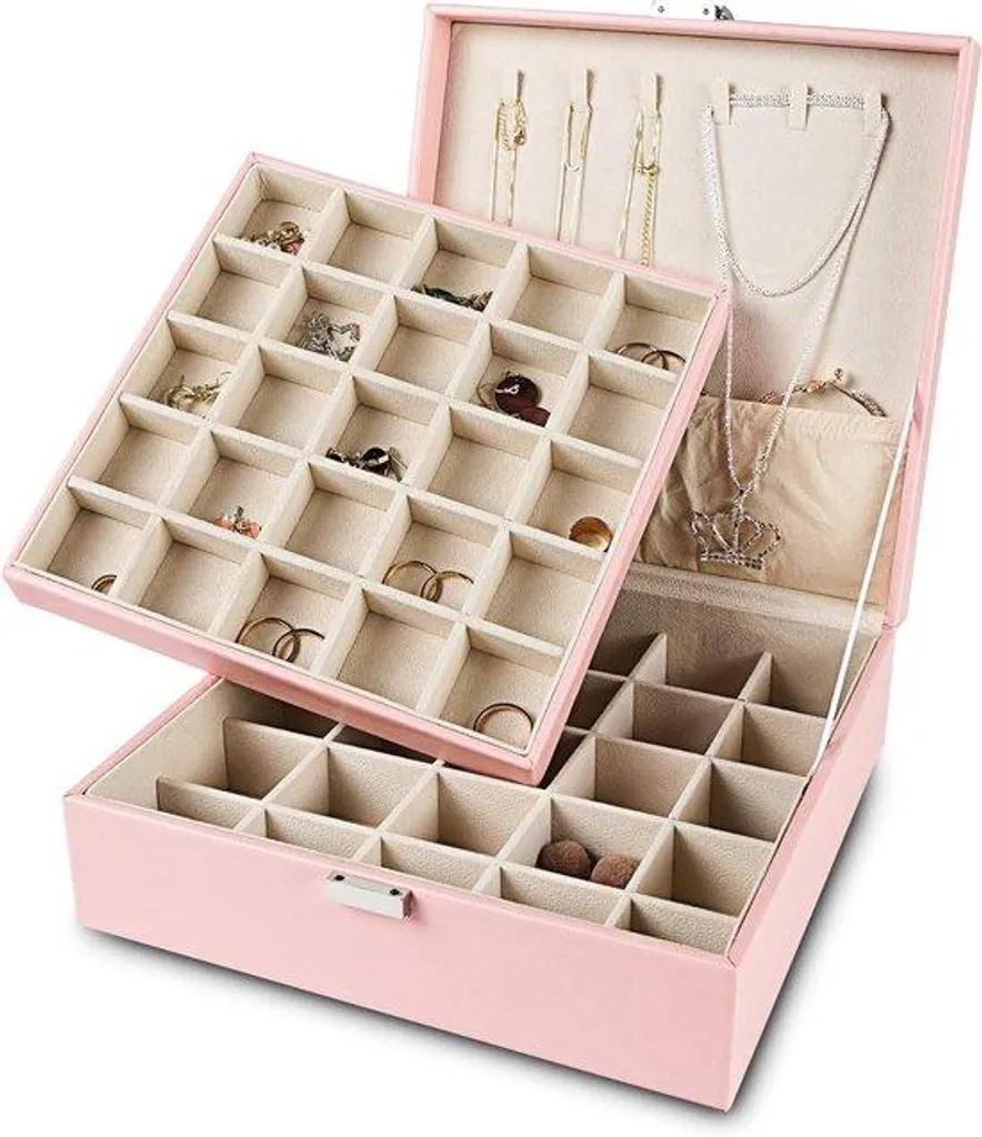 Boîte à bijoux 50 compartiments et pochette double rangée rose