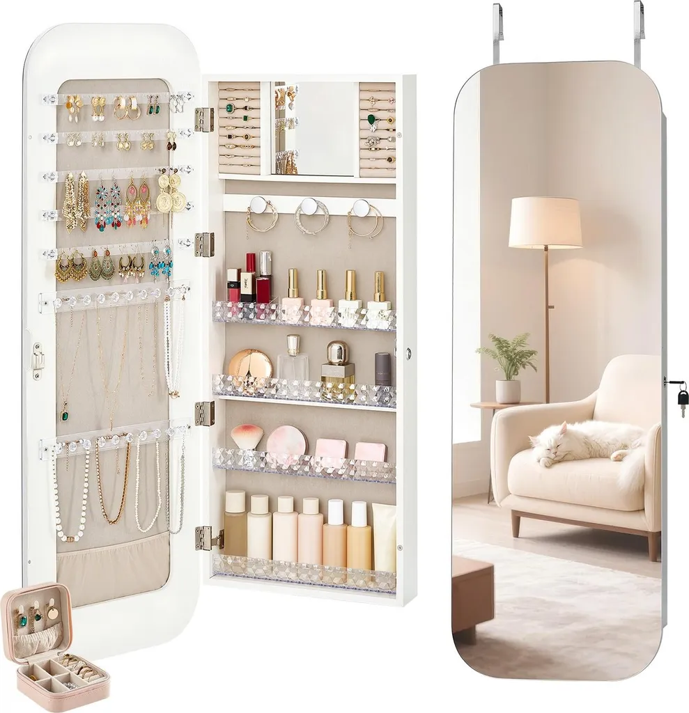 Armoire à bijoux avec miroir en pied 108 cm - Rangement mural blanc