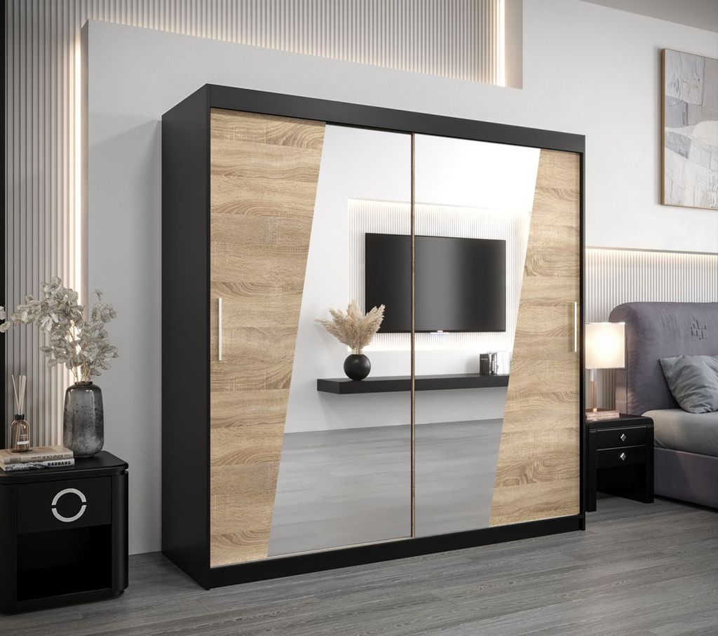 Kleiderschrank ESTER – Breite 200 cm, schwarz / Eiche sonoma