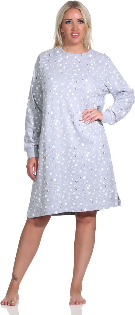 Damen langarm Nachthemd mit Bündchen in Kuschel Interlock Qualität in Tupfen Punkte Optik ; grau-melange , 36/38