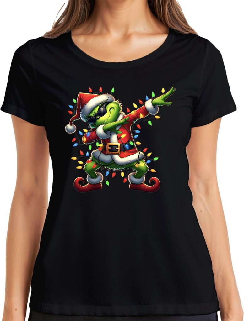 Grinch Dabbing Weihnachten Santa Lichterkette Lustig Geschenk Damen T-Shirt, Schwarz, 3XL