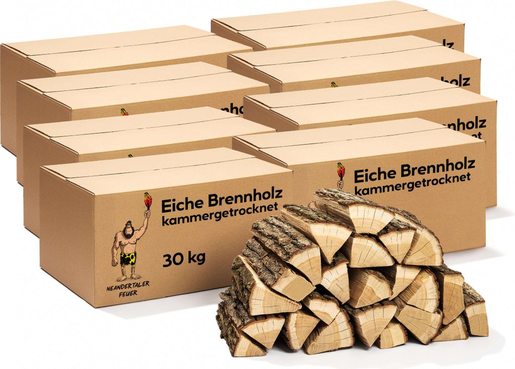 Neandertaler Feuer Brennholz Eichenholz Kaminholz - Grillholz 25 cm 240 kg | Hartholz Eichen Feuerholz | Holz für Grill Kamin Smoker Ofen | Firewood