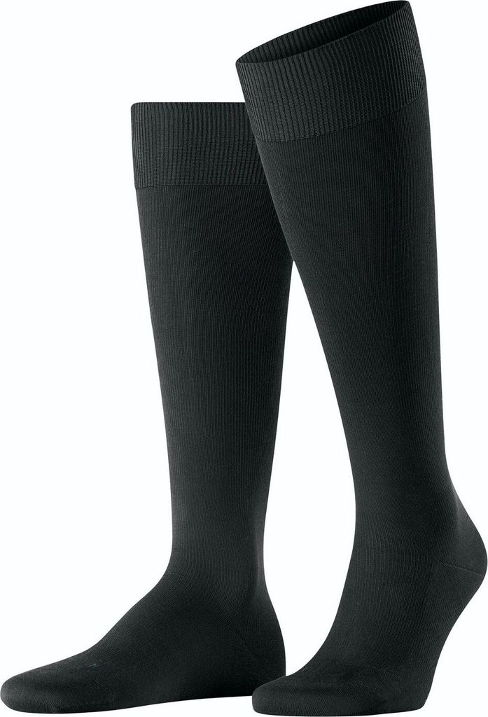 A pair of black knee-high socks on a white background.