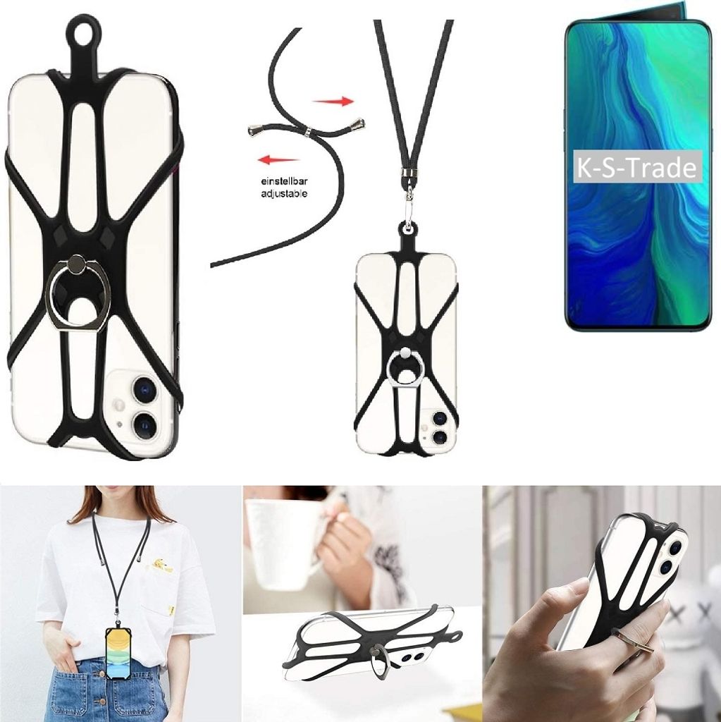 K-S-Trade 3in1 Handykette Handyband Handykordel Halsband Smartphone-Ring Handy-Ring kompatibel mit Oppo Reno Fingerhalterung Handyring Tischständer