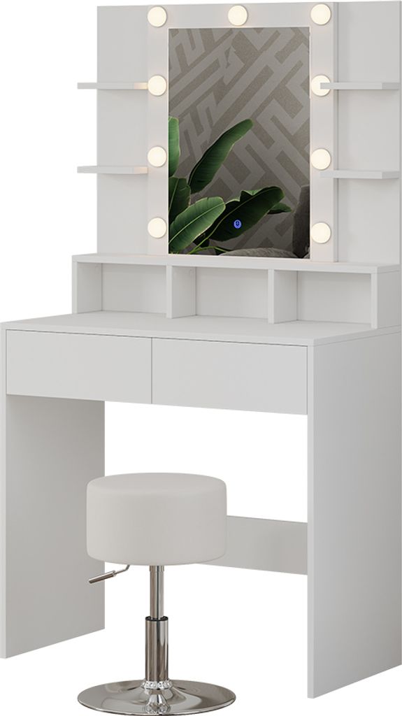 A white vanity table with LED lights and a matching stool.