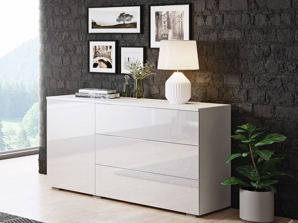 MIRJAN24 Kommode Awit 110 Highboard mit 3 Schubladen und Tür, Stilvoll Sideboard, Wohnzimmer Schrank (Farbe: Weiß / Weiß Hochglanz)