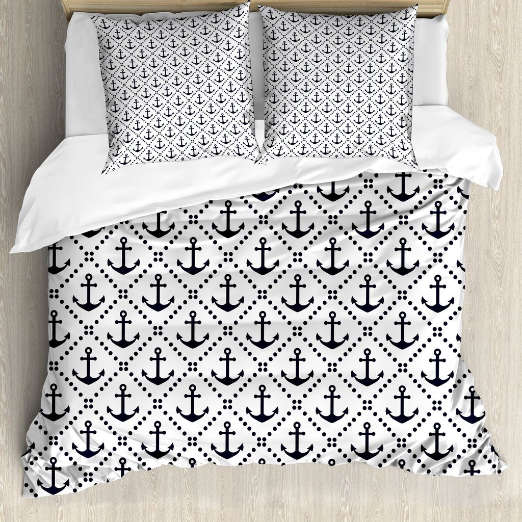 ABAKUHAUS Geometrisch Bettbezug, Seeanker Dots, Milbensicher Allergiker geeignet mit Kissenbezügen, 155 cm x 220 cm - 80 x 80 cm, Dunkelblau Weiß