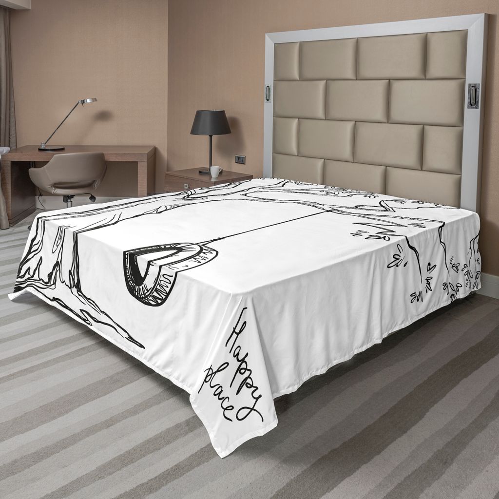 ABAKUHAUS Baum Bettlaken, Baum Mit Einem Reifenschaukel Illustration "Happy Place" Sommer Ferien Garten, weiches bequemes oberes Bettlaken für ein...