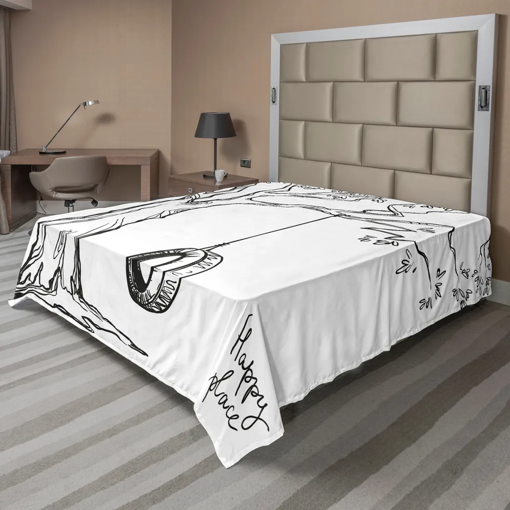 Drap de lit ABAKUHAUS motif Arbre Balançoire 275 x 260 cm Blanc et Noir