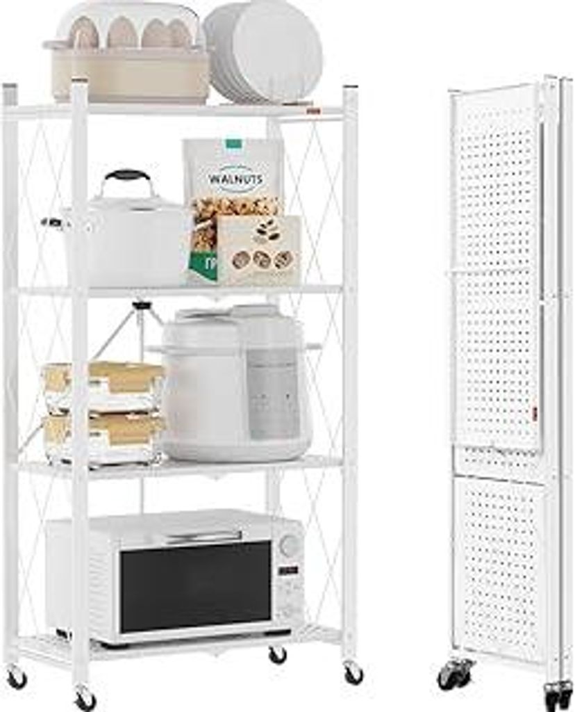 DEANIC Klappregal, 4 Regal Bücherregal, Küchenregale mit Rollen, Metallregal zur Aufbewahrung für Wohnzimmer, Speisekammer (61 x 116 x 28 cm, We...