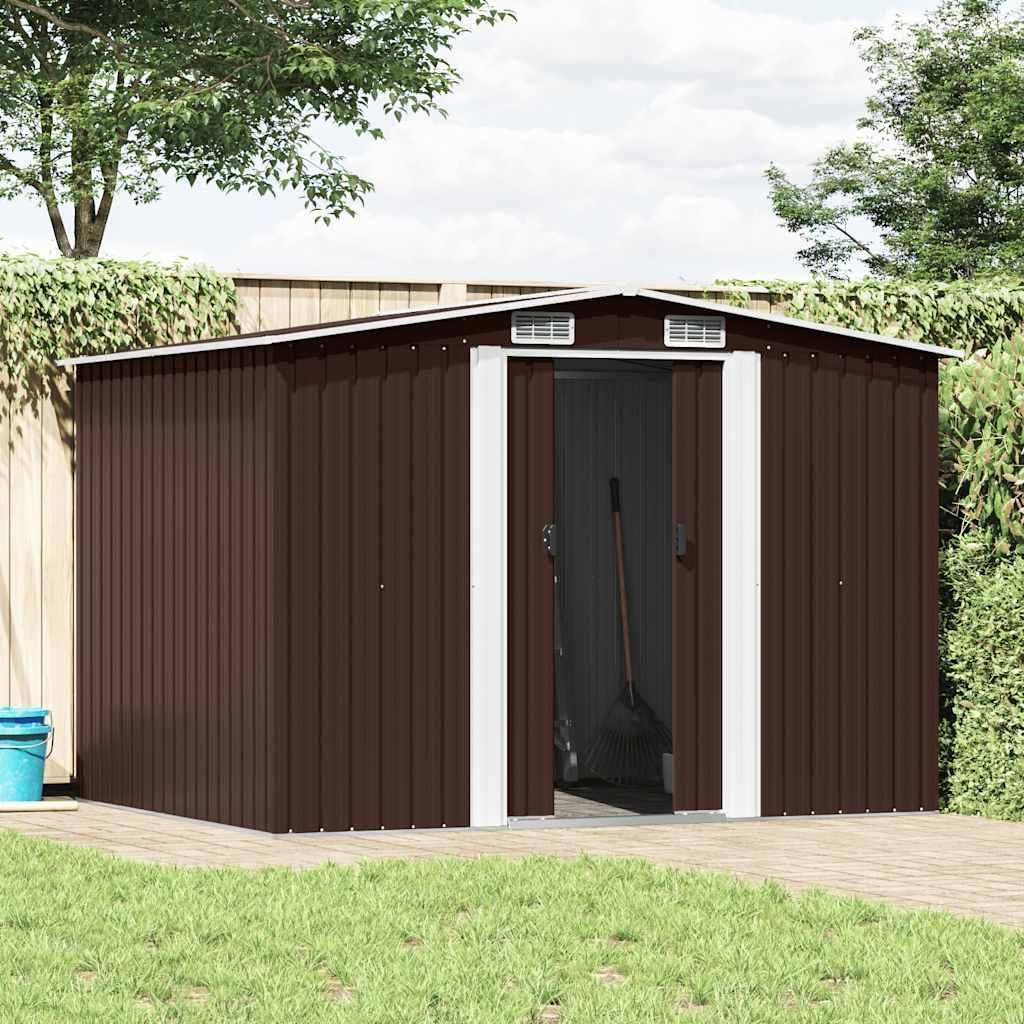 A brown metal shed is shown in a backyard setting with grass and a wooden walkway.