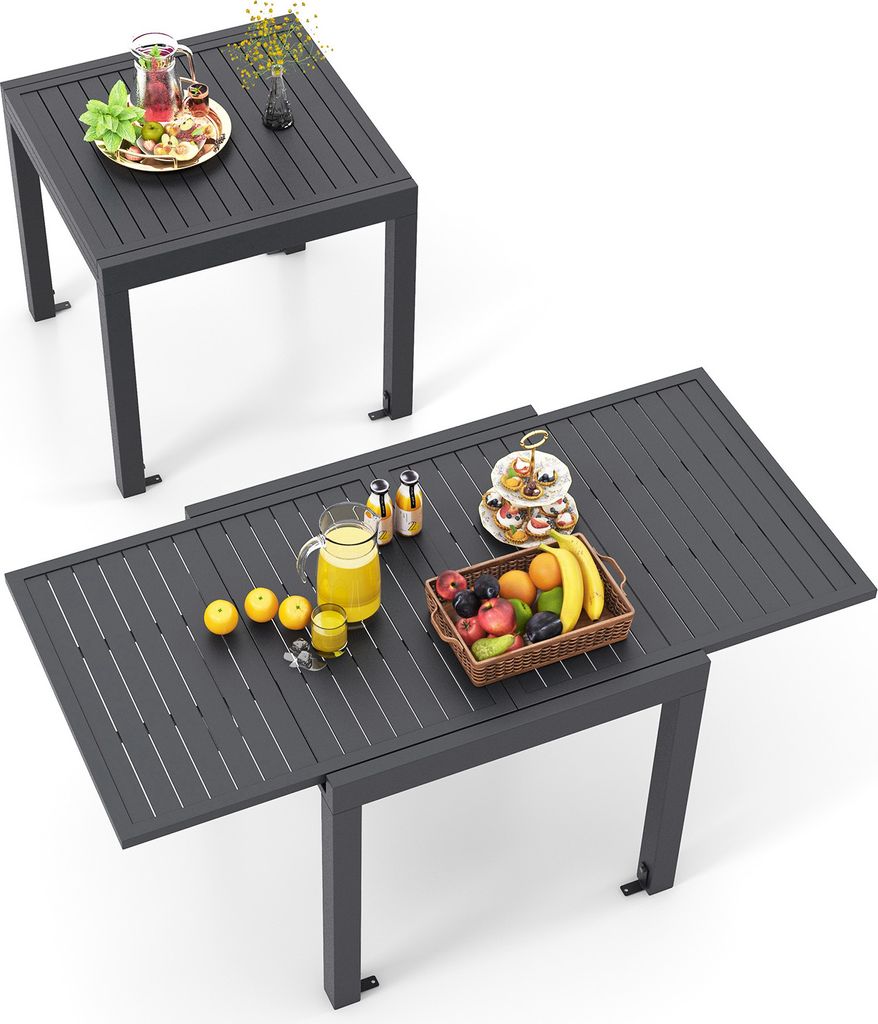 GOPLUS Gartentisch ausziehbar, 80/160x80x75cm Terrassentisch wetterfest aus rostfreiem Aluminium mit Holzoptik, Ausziehtisch für 4 bis 6 Personen,...